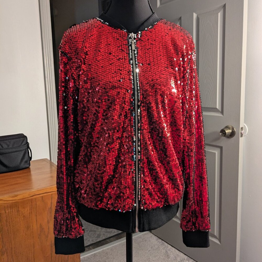 Red Sequin Zip-Front Bomber Jacket - Women